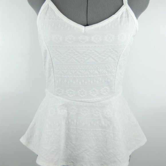 Ivory White Tribal Peplum Tank Cutout Back Top - Picture 2 of 5